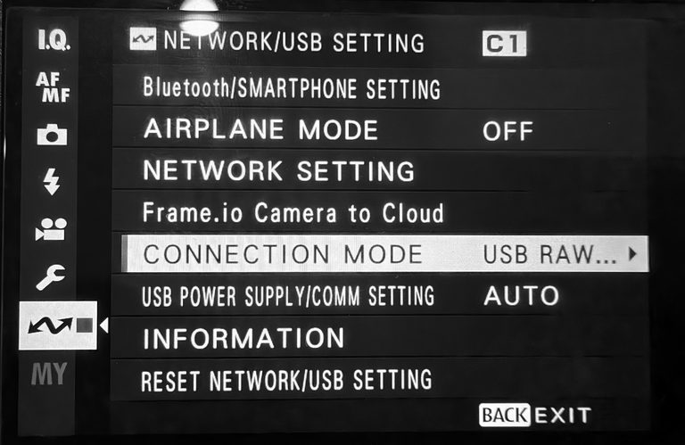 Camera menu path: Network settings, Connection Mode, USB RAW