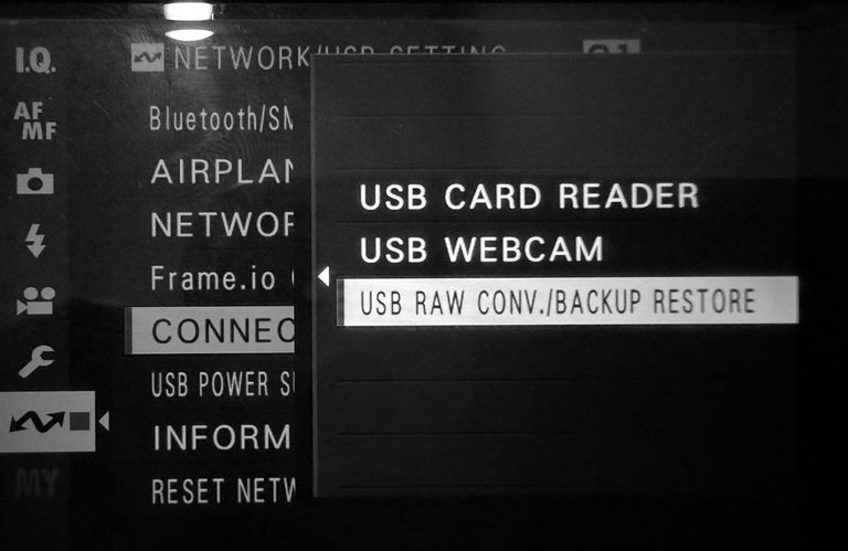 Camera menu with RAW CONV. selected